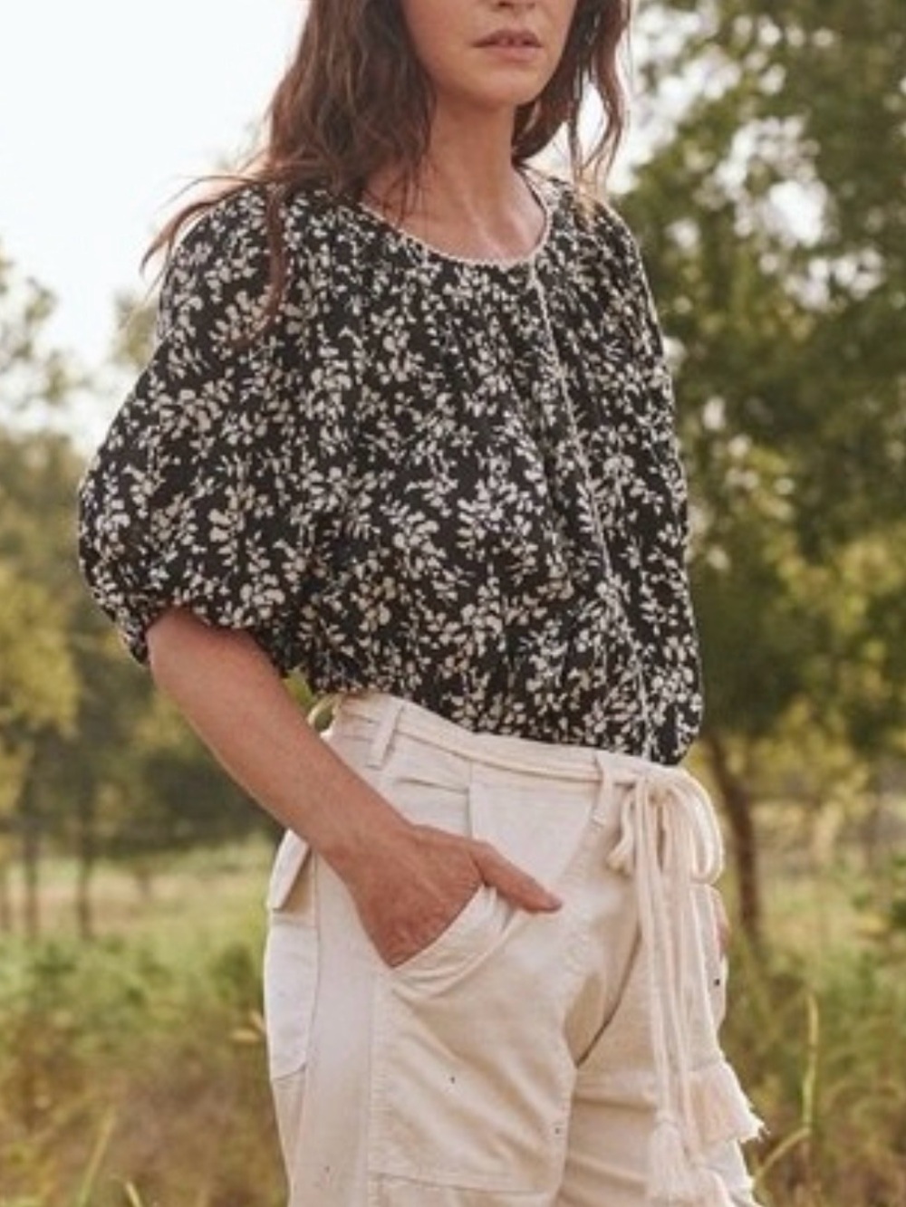 The Great The Elm Top Cottonwood Floral Puff Sleeve Blouse Size 0 Black Cream